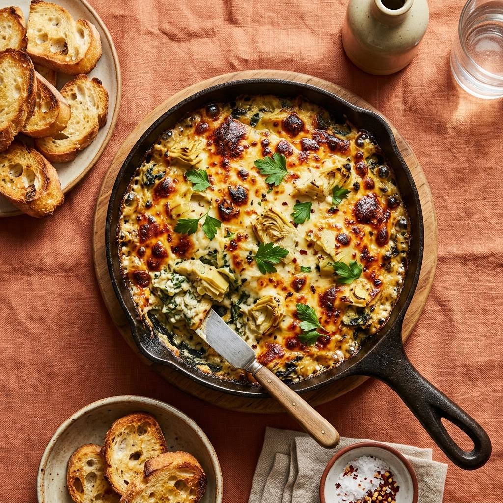 Baked artichoke dip with toasted bread